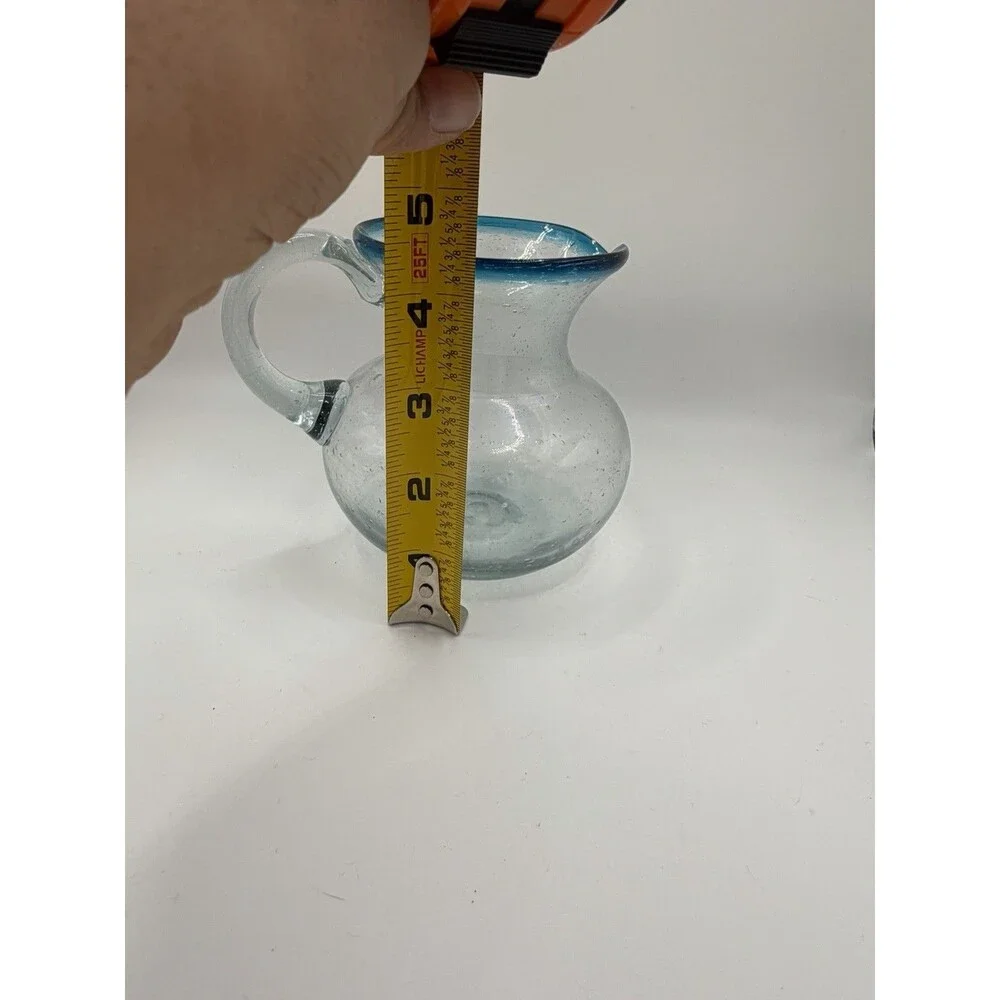 Hand Blown Art Glass Creamer Pitcher Blue Rim Bubble Glass Pontil 4.5”